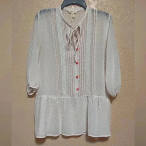MATILDA JANE Cream Textured Polka Dot 1/2 Balloon Sleeve Button Sheer Blouse M